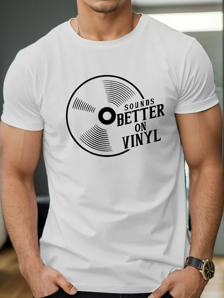 sounds better on vinyl Inspired  design -100% cotton summer casual O-neck short sleeve printed men's T-shirt.