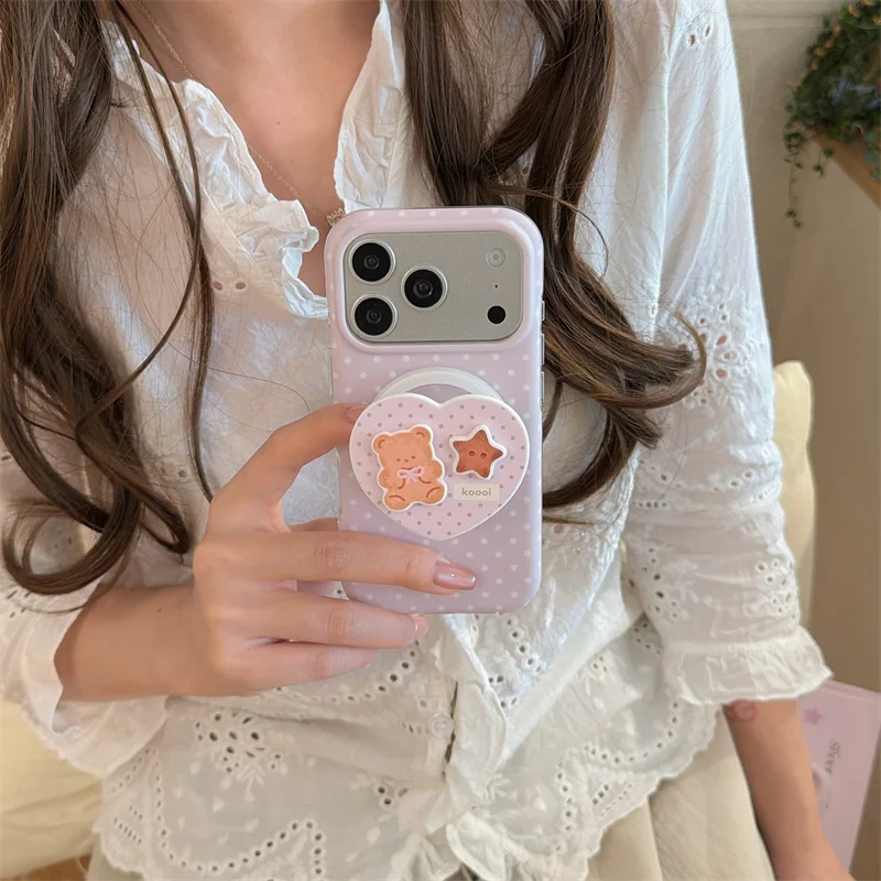 

Korean Ins Pink Polka Dot Magnetic Case For iPhone 15 16 17 Pro Max Cute Teddy Bear Stand Shockproof Cover For MagSafe