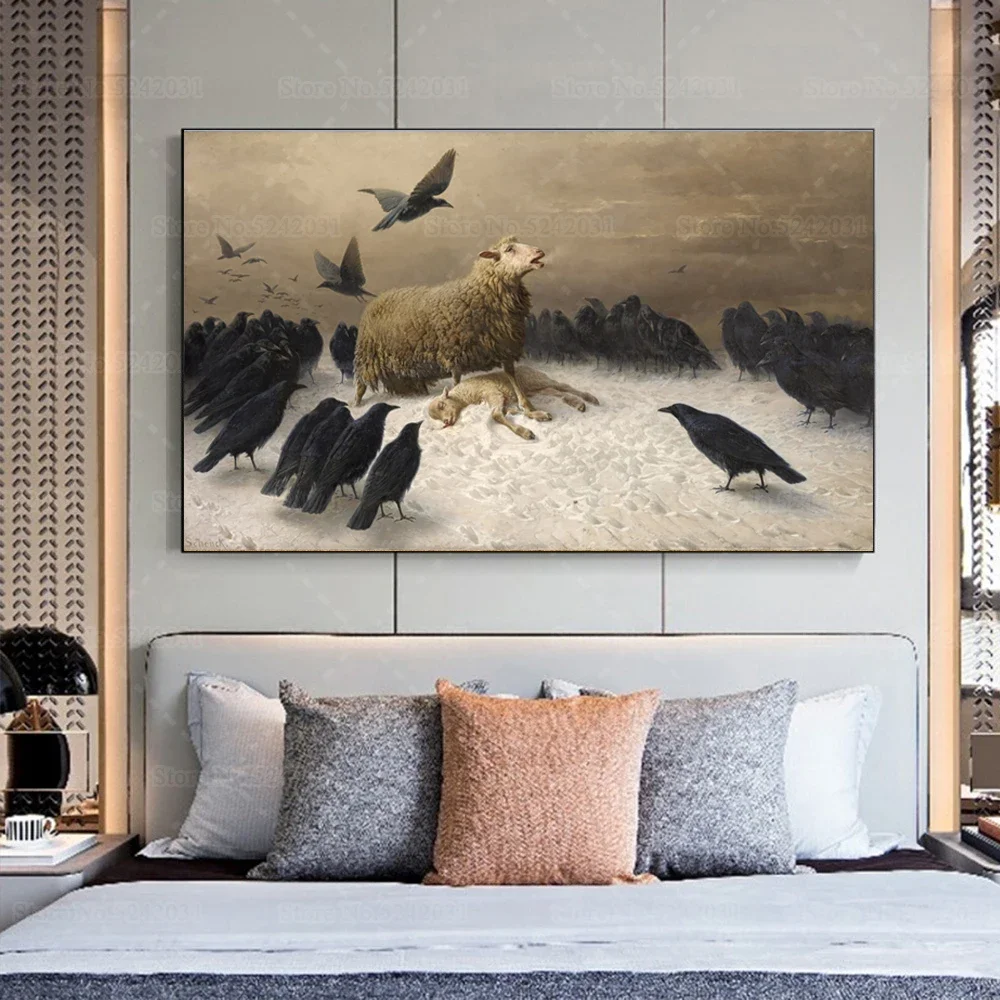 Anguish Poster By August Friedrich Albrecht Schenck Canvas Painting Mother Sheep Lamb Crows Print Wall Art Decor