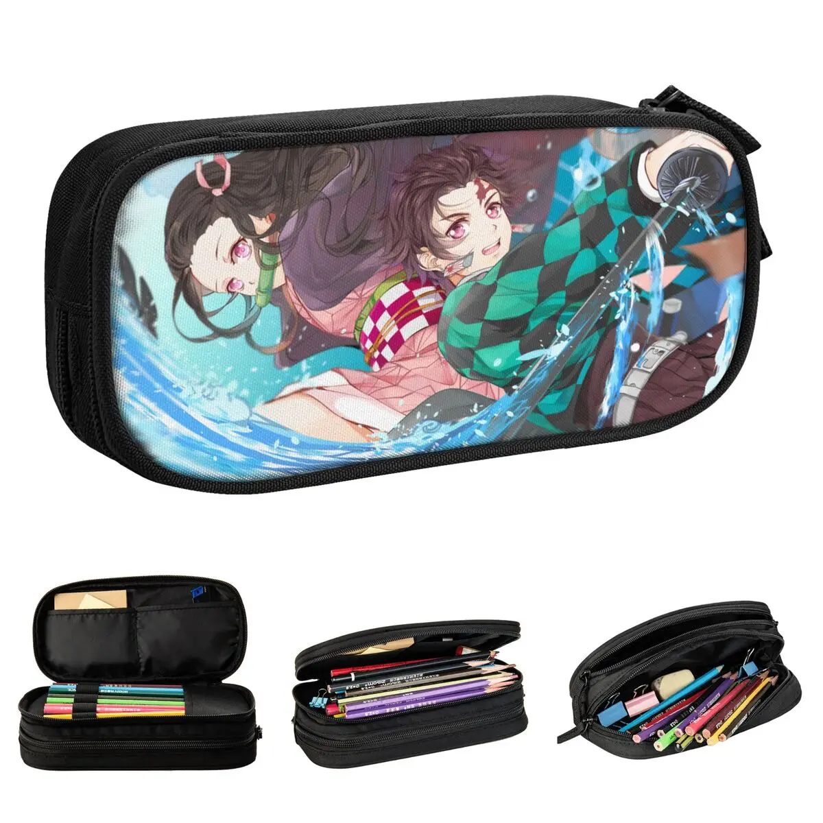 Demon Slayer-estuche para lápices Kimetsu Tanjiro Nezuko, portalápices para niños, bolsas de gran capacidad, suministros escolares, papelería con cremallera