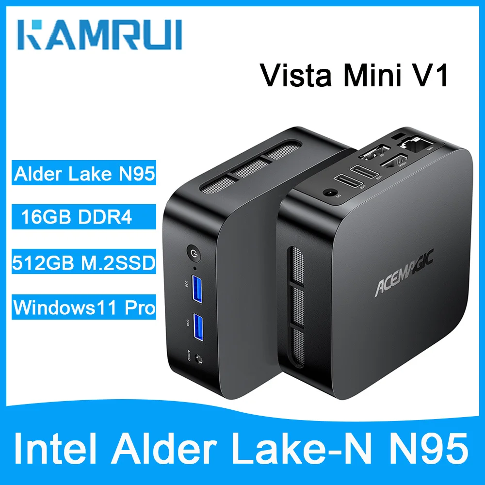 KAMRUI كمبيوتر صغير Intel Aldel Lake N95 16GB DDR4 512GB M.2 SSD كمبيوتر محمول صغير لسطح المكتب 4k WiFi5 BT4.2 لدراسة المكتب والمنزل