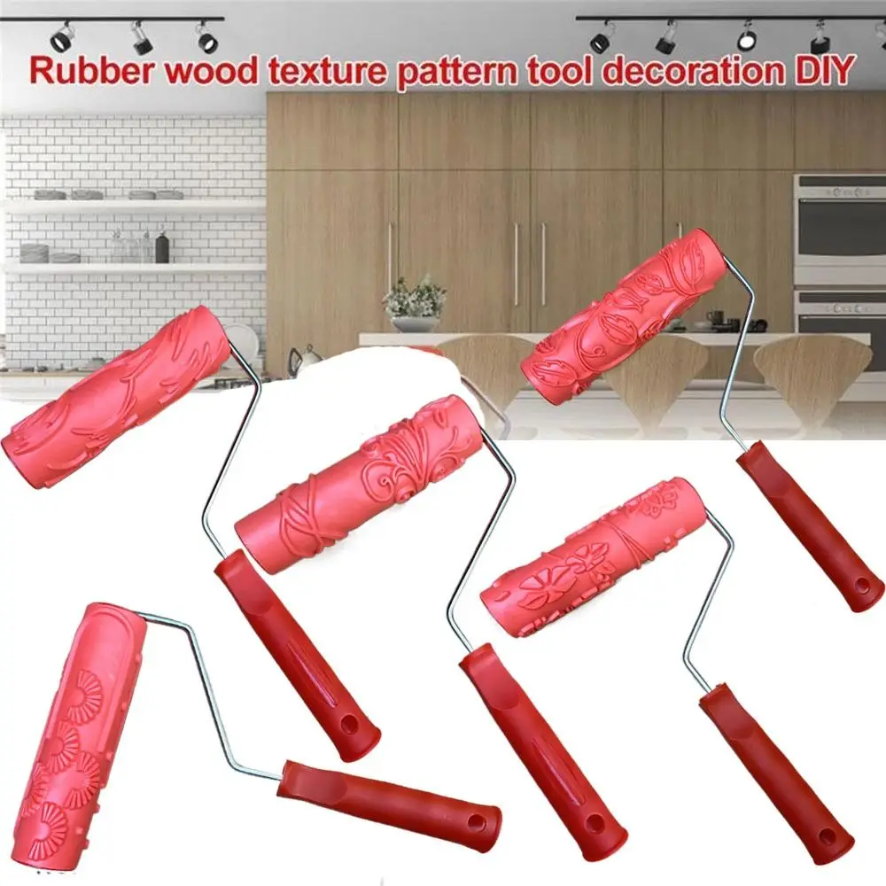Rubber Imitation Wood Grain Pattern Paint Roller DIY Paint Texture Pigment Printing Wall Painting Roller with Handle Home Tool