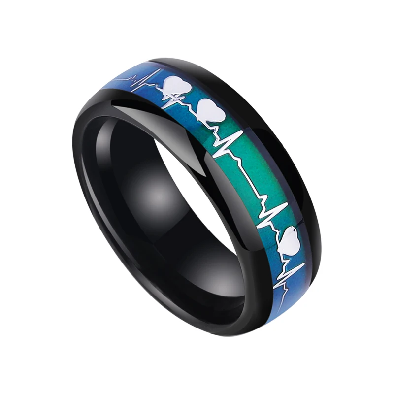 Loyal Moon Tungsten Carbide Rings 8mm Width Black Color Temperature Band With Heart Beating Pattern,Engraving