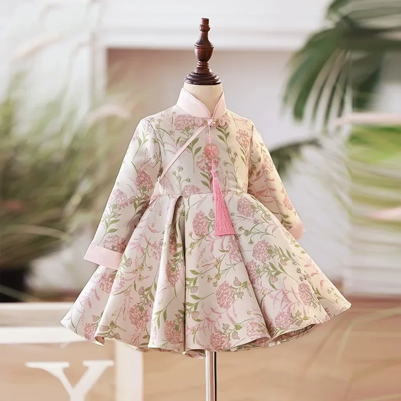 Girls'  Dress Baby Girls' Long-Sleeved Children's Birthday Tang Suit High-End Flower Girl Host Spring