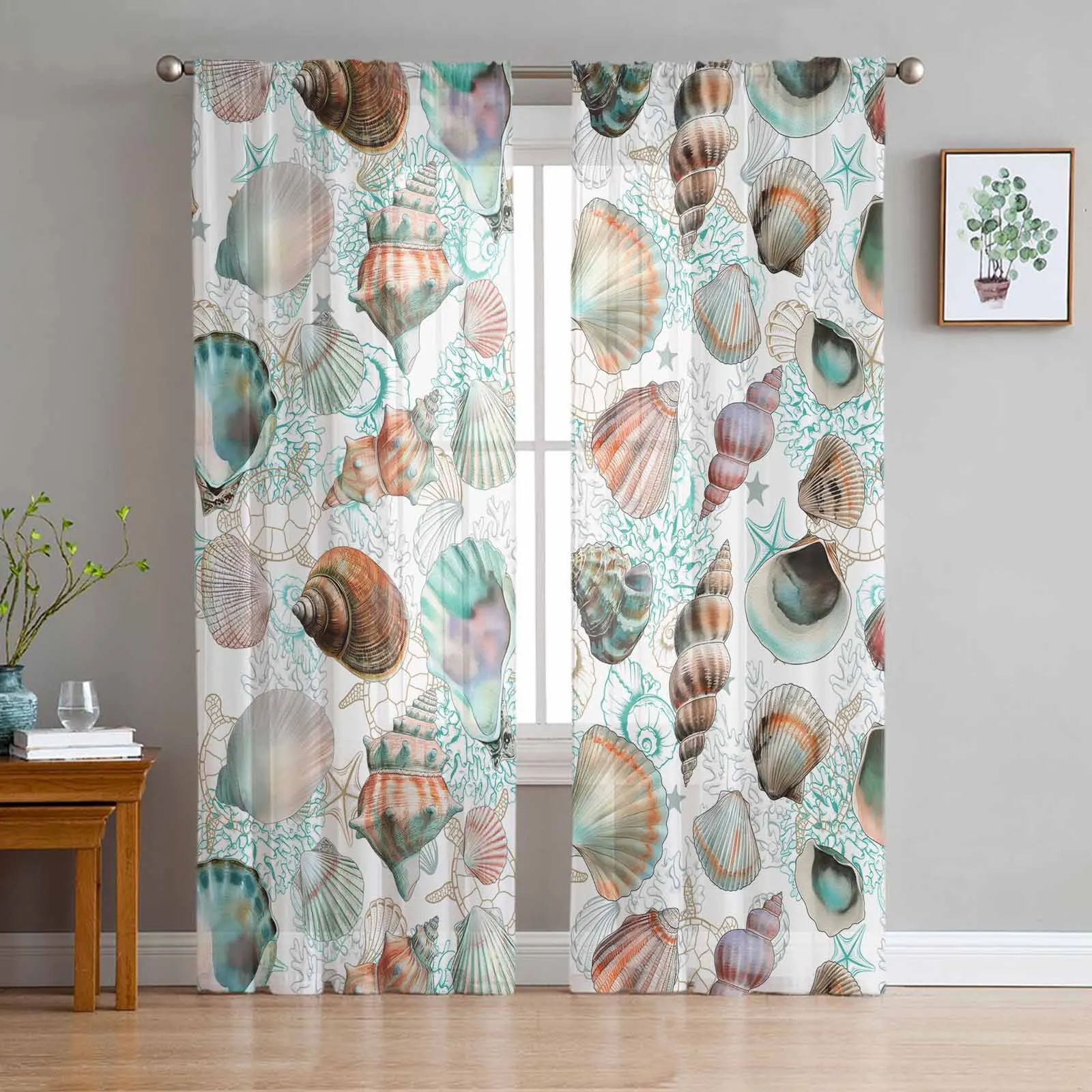 

Summer Ocean Shells Tulle Curtains for Living Room Bedroom Modern Chiffon Sheer Voile Kitchen Window Curtain