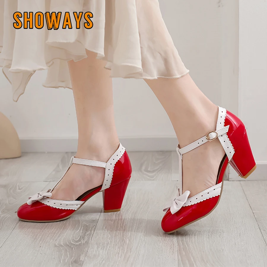 

Sweet Bowknot Sandals Women High Block Heels D'Orsays Black Red Purple Patent Leather Party Dress Round Toe T-strap Lolita Shoes