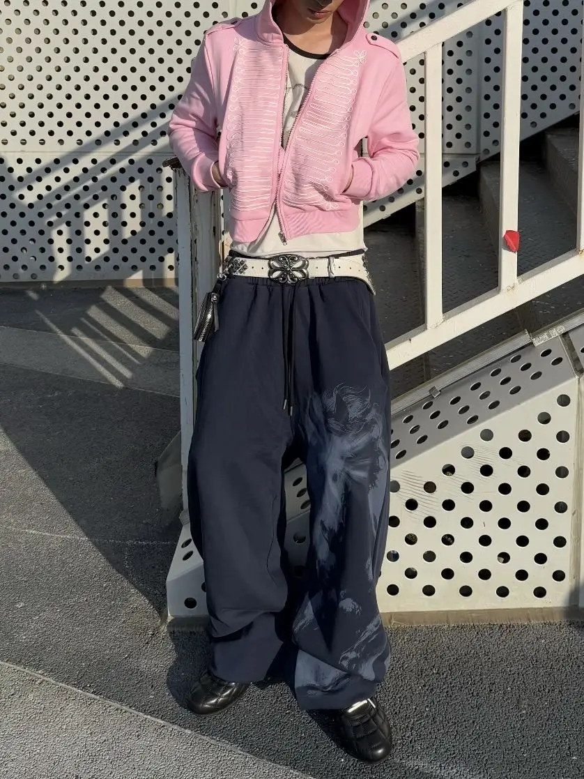 Men's Blue Fashionable Printed Pattern Casual Pants Street Sweatpants Boy Vibe Summer Bottom Male High Waist Y2k Trousers