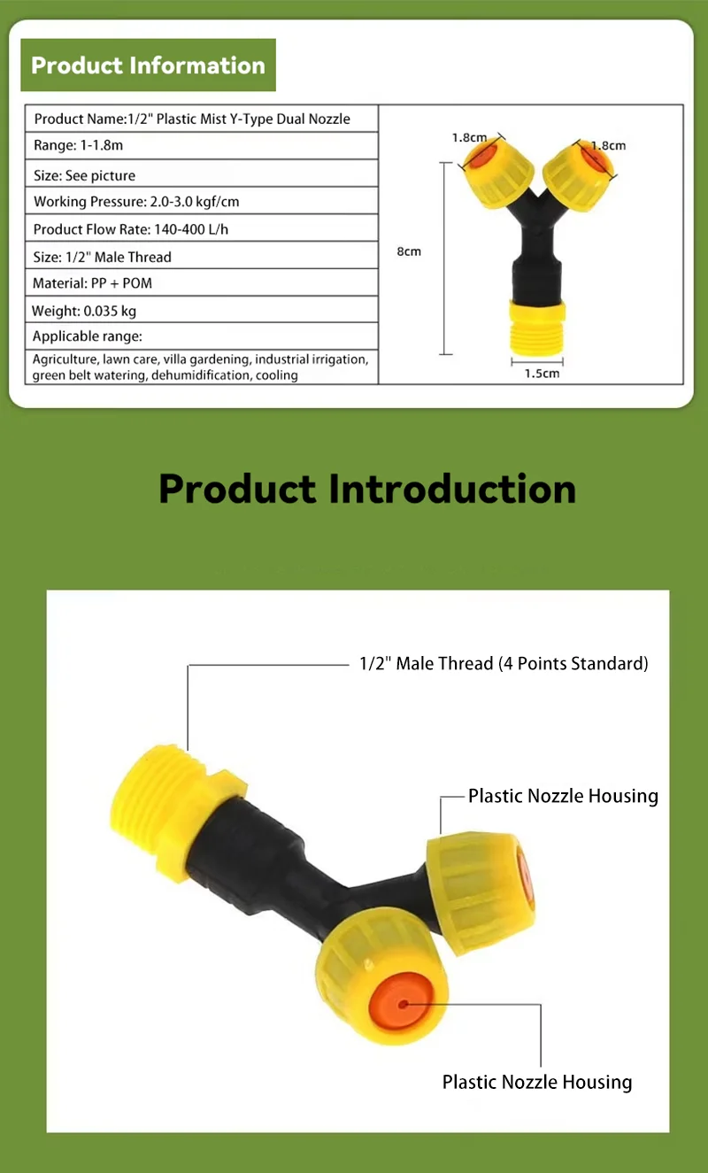 Spruzzatore nebulizzatore in plastica tipo Y da 1/2 pollice - Controllo polvere per irrigazione da giardino a doppio ugello per cantiere