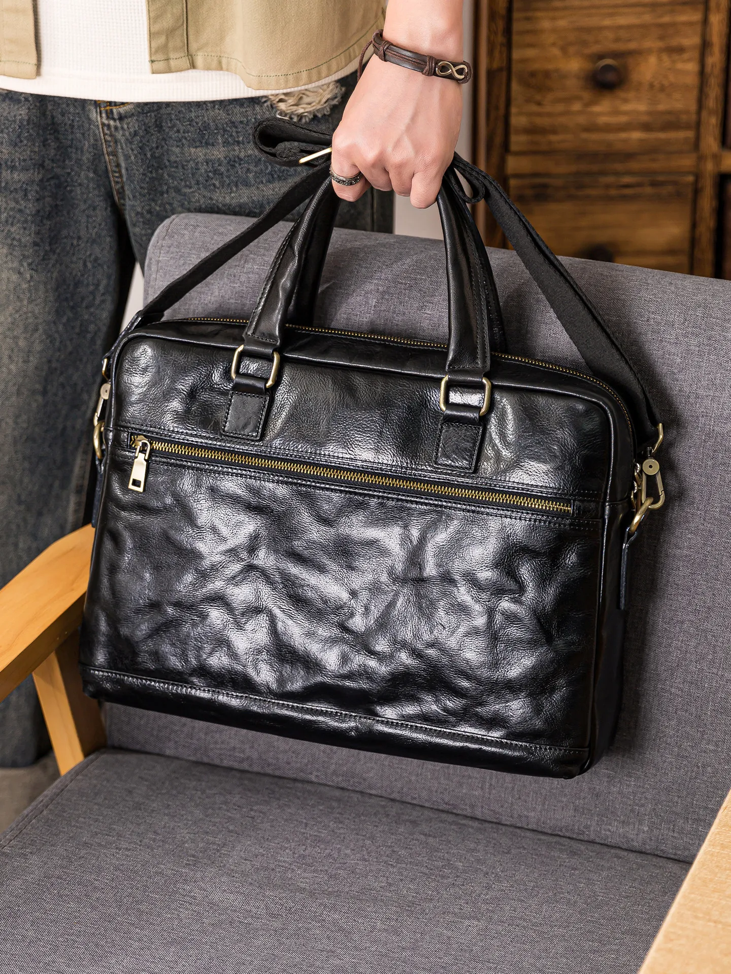 fashion luxury high quality genuine leather men's black briefcase business casual handmade real cow leather work laptop handbag