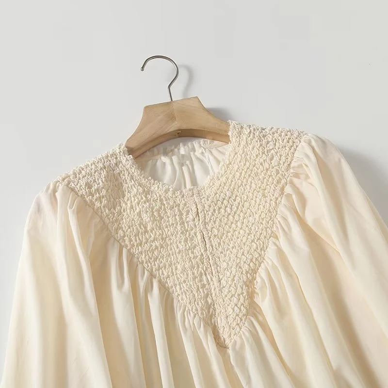 Withered French Office Ladies Beige Commuter Blouse Fashion Texture Stitching Loose Shirt Women Tops