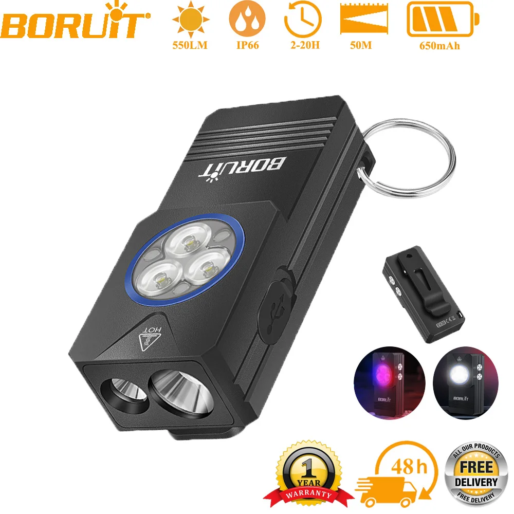 BORUiT EV30 LED Keychain Flashlight 550LM TG3 365nm UV Light Type-C Rechargeable Mini Torch Magnetic Work Light Pocket Lantern