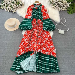 Boho Vintage Beach Women's Dress Floral Printing Puff Sleeve High Waist Pleated Long Sleeve Maxi Dresses For Girls Платье Женско