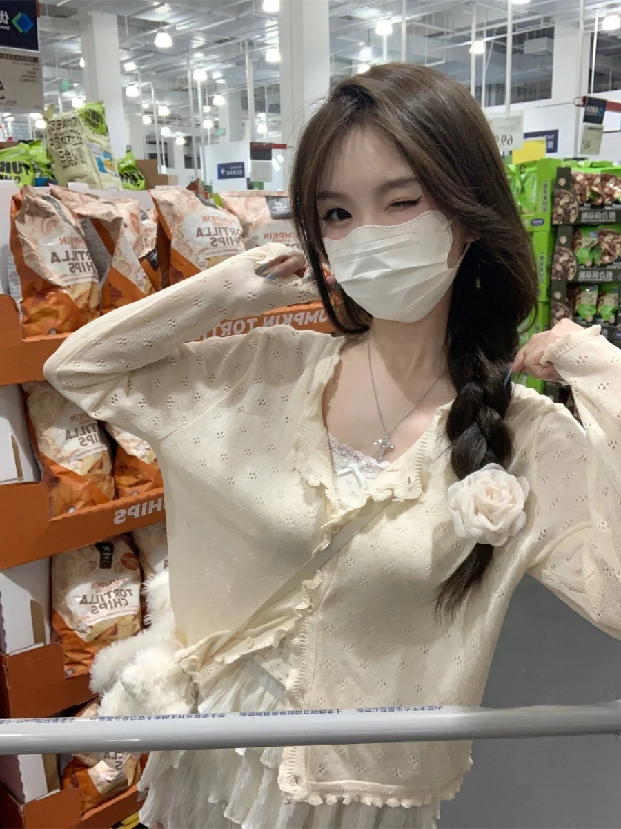 

Свободный корейский вязаный открытый кардиган для женщин, лето 2024, новинка, тонкий ажурный солнцезащитный длинный топ свеар