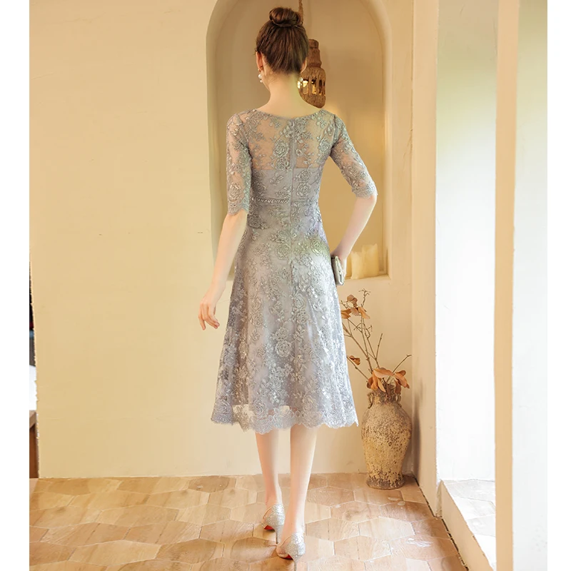 Gray Lace Women Evening Dresses For Formal Party Elegant Scoop Neck A-Line Tea-Length Mother Of The Groom Dresses 2024