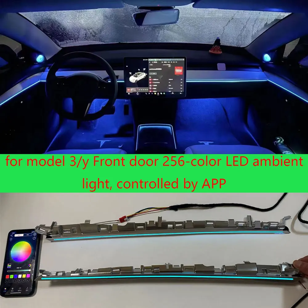 

256 colors ambient light for Tesla model 3/y front door radium engraving ambient light The color is adjusted by the app control