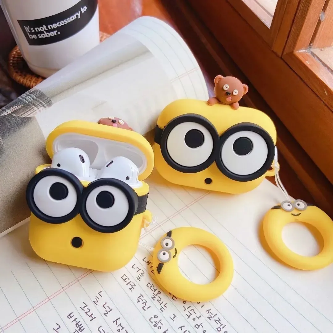 3D Cartoon Big Eyes With Bear Toy For Airpod Pro 2 Case,Yellow Protetive Earphone Silicone Cover For Airpod 1/2/3 Kids Boys Girl 