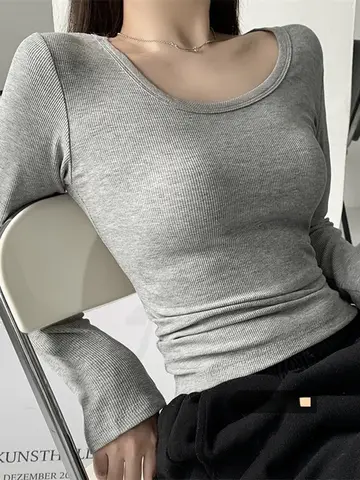 슬림핏 티셔츠 여성용 슬림핏 블랙 레이어드 레이어드 기본 스타일 낮은 목선 두꺼운 긴 소매 티셔츠 상의 티셔츠 Best5