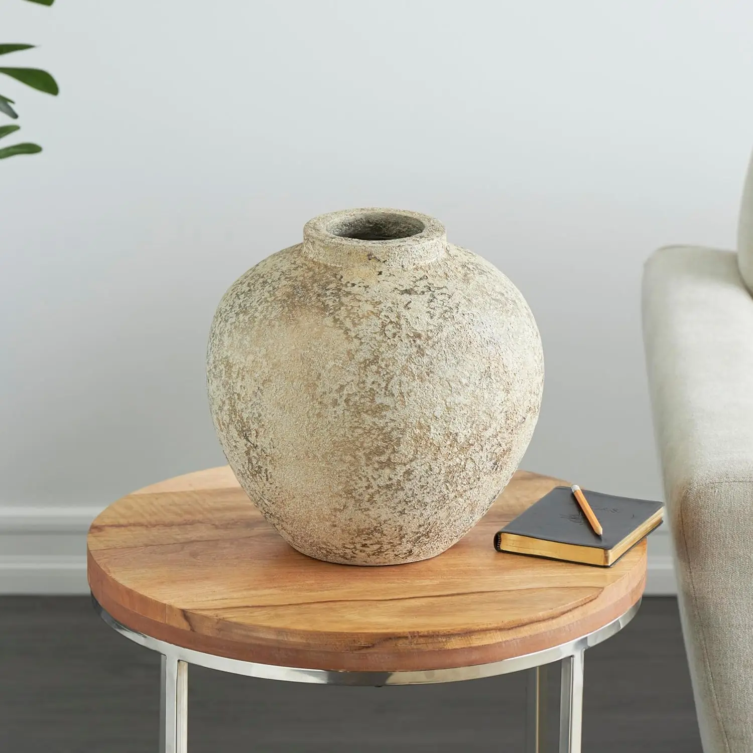 

Ceramic Handmade Decorative Vase Antique Style Round Centerpiece Vase with Textured Distressing,Flower Vase 12"x 12" x 12",Cream