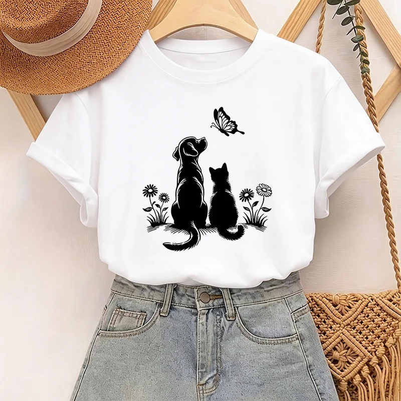 T-Shirt mit Silhouetten von Katzen und Hunden, die Schmetterlinge beobachten, für Damen, Rundhalsausschnitt, kurzärmeliges T-Shirt, Y2K-T-Shirt, Kleidung