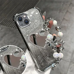 Bead Bracelet Shockproof Phone Case For Samsung S25 S24 S23 S22 S21 S20 FE Note 20 Ultra Plus Glitter Heart Mirror Silicon Cover
