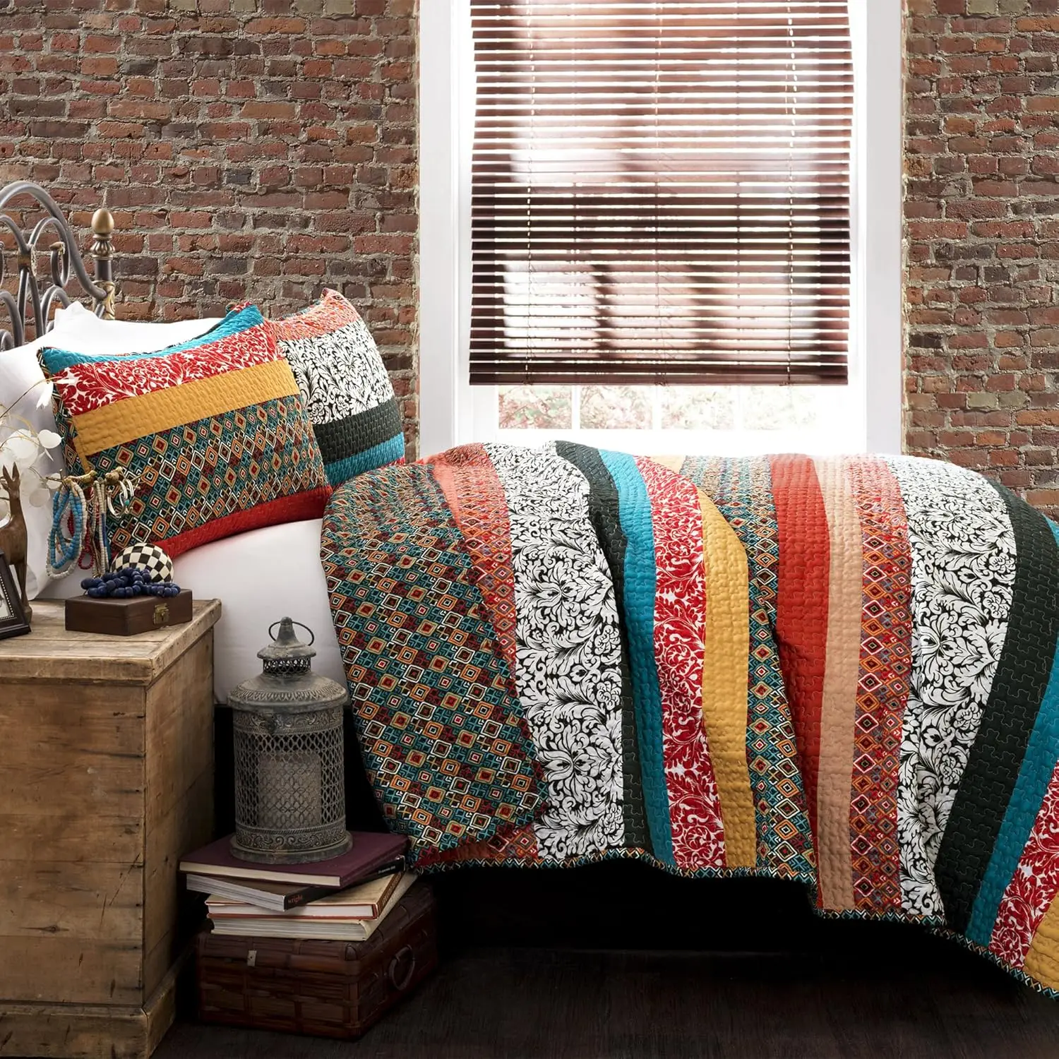 

Reversible Bohemian Stripe Cotton Quilt Set, Full/Queen Size, Turquoise & Tangerine - Colorful Bedding