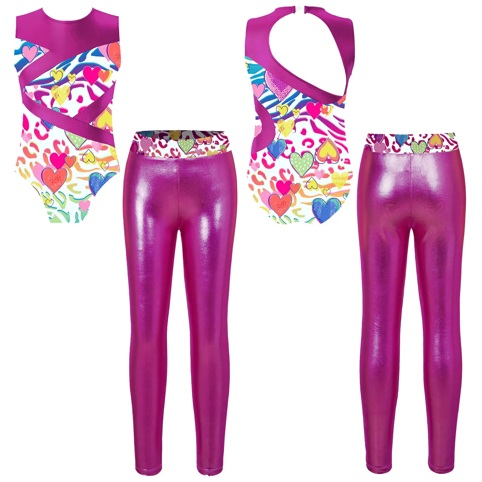 Child Girls Ballet Leotard Sleeveless Print Gymnastic Bodysuit with Leggings Set Dance Performance Dancewear Sportswear Swimwear