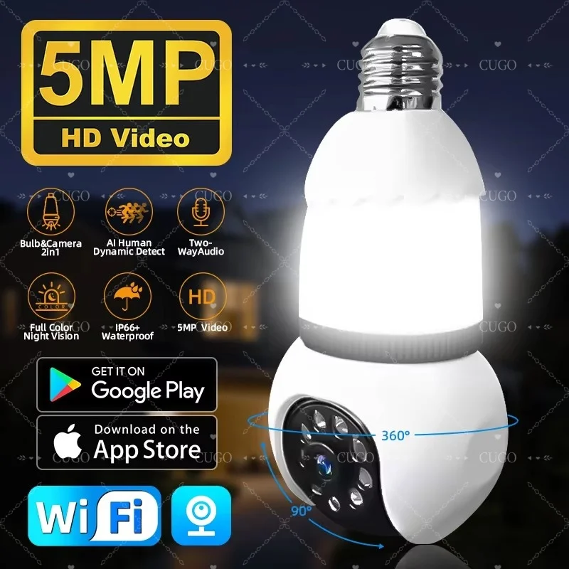 

5MP E27 Bulb Camera Wifi Surveillance with LED Bulb HD PTZ 8X Zoom Smart Home Tracking Two-way Audio Night Vision Wireless Cam