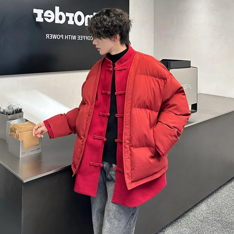 LUZHEN 2026 Winter Chinese Style Cross Buttoned Splicing Design Padded Coat Men's Stylish Solid Color Casual Parka Jacket JY9377