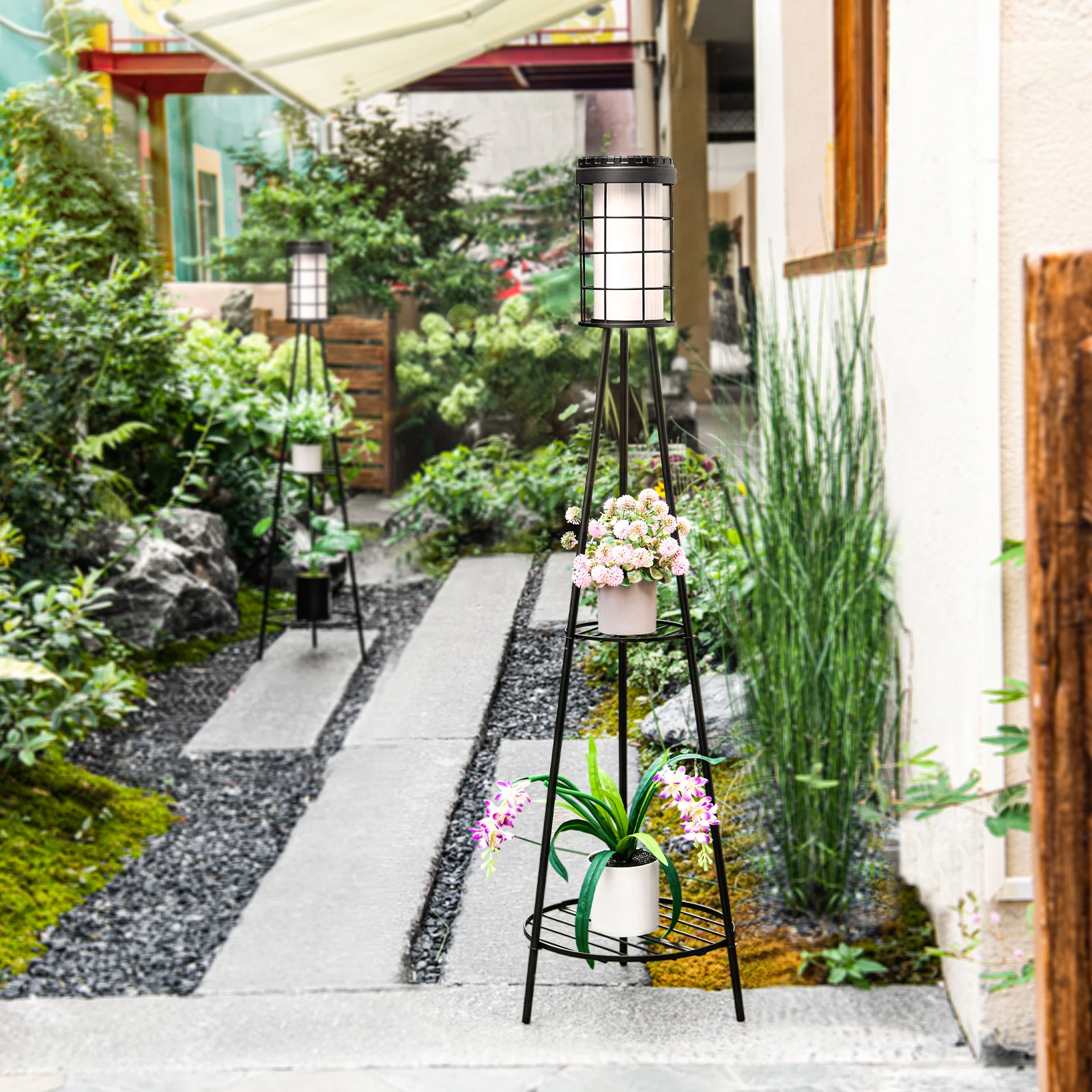 Lampada da terra solare per decorazioni per patio esterno con supporto per piante Luci solari impermeabili per mensola per fiori per portico da giardino