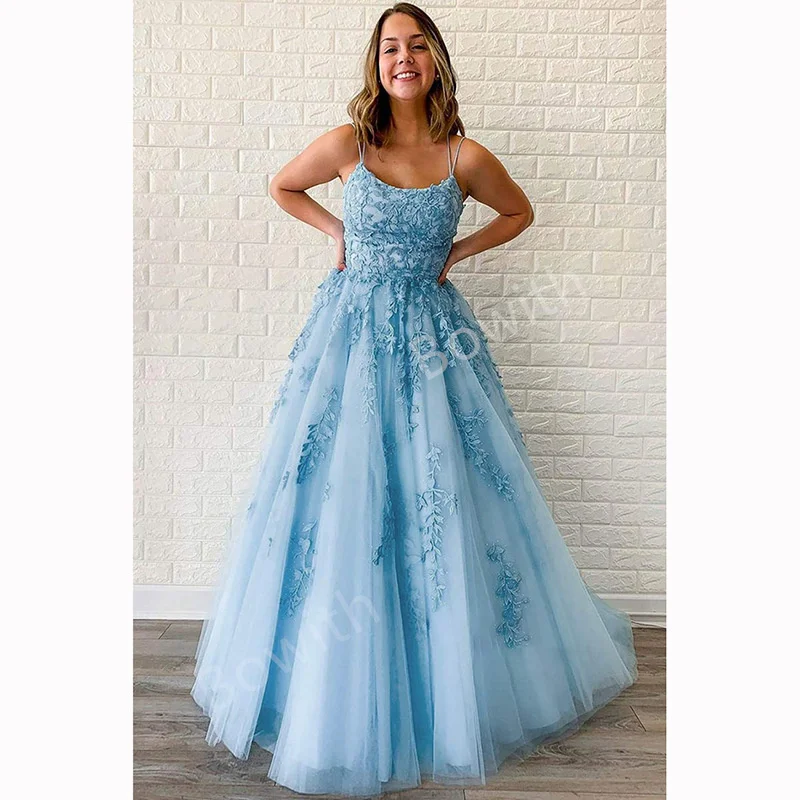 

Bowith Embroidery Prom Dresses Spaghetti Strap Tulle Backless Elegant Evening Dress A Line Ball Gown for Quinceanera Dancing