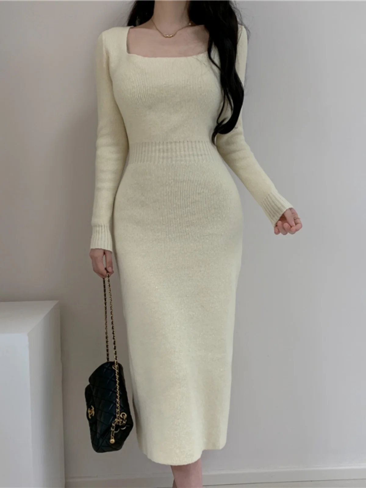 Emagrecimento de malha longa dr gola quadrada camada base camisola dr feminino outono inverno coreano sle cintura alta bodycon saia