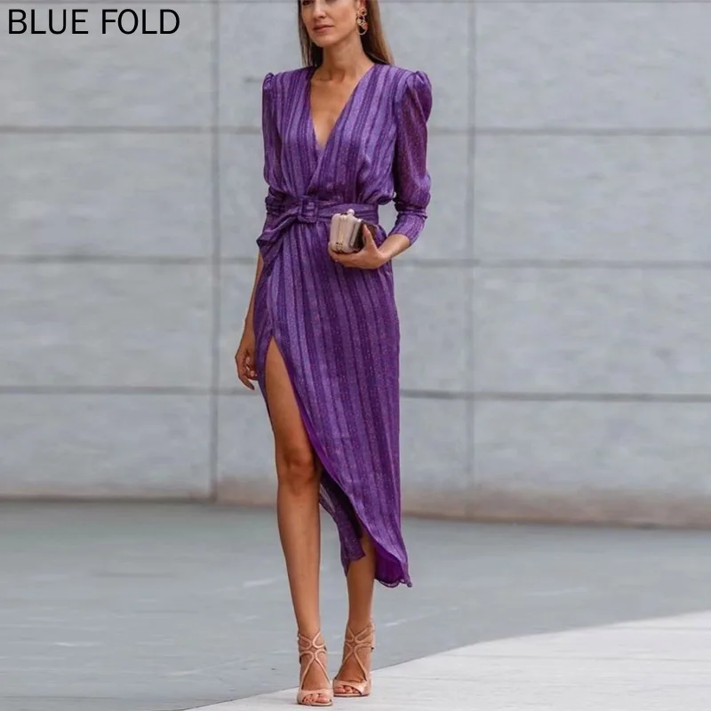 

Women's Elegant V-Neck Lace-Up Belted Party Dress Striped Print Split Irregular Dress Long Sleeve Office Lady Dress Spring Autum