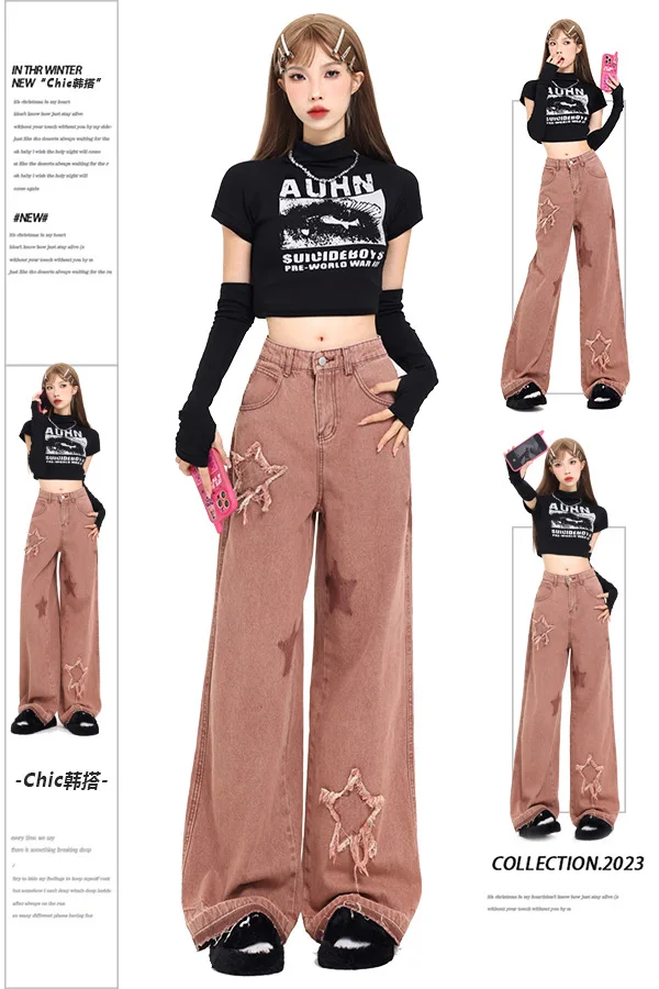 

Women's Vintage Pink High Waist Star Jeans Korean Y2k 90s Aesthetic Baggy Denim Trouser Streetwear 2000s Wide Leg Pants Clothes