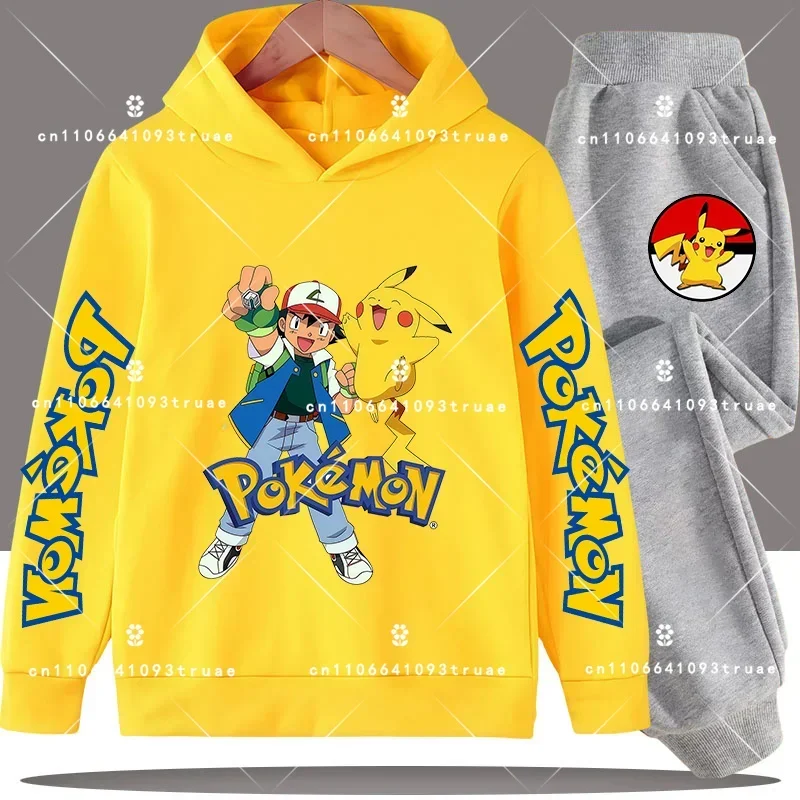 

Pokémon Pikachu children's hooded shirt set with cartoon print - boys' sports shirt, girls' casual top, pants - two-piece set