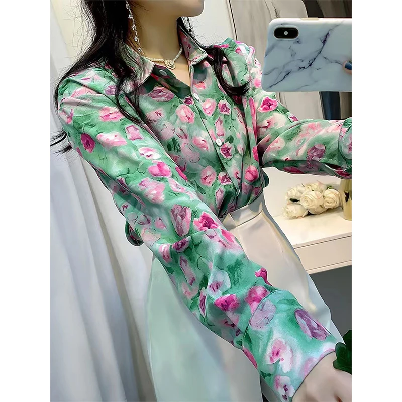 Women Spring Korean Fashion Loose printing Turn-down Collar Long sleeve Shirts women clothes Casual All-match office Lady tops