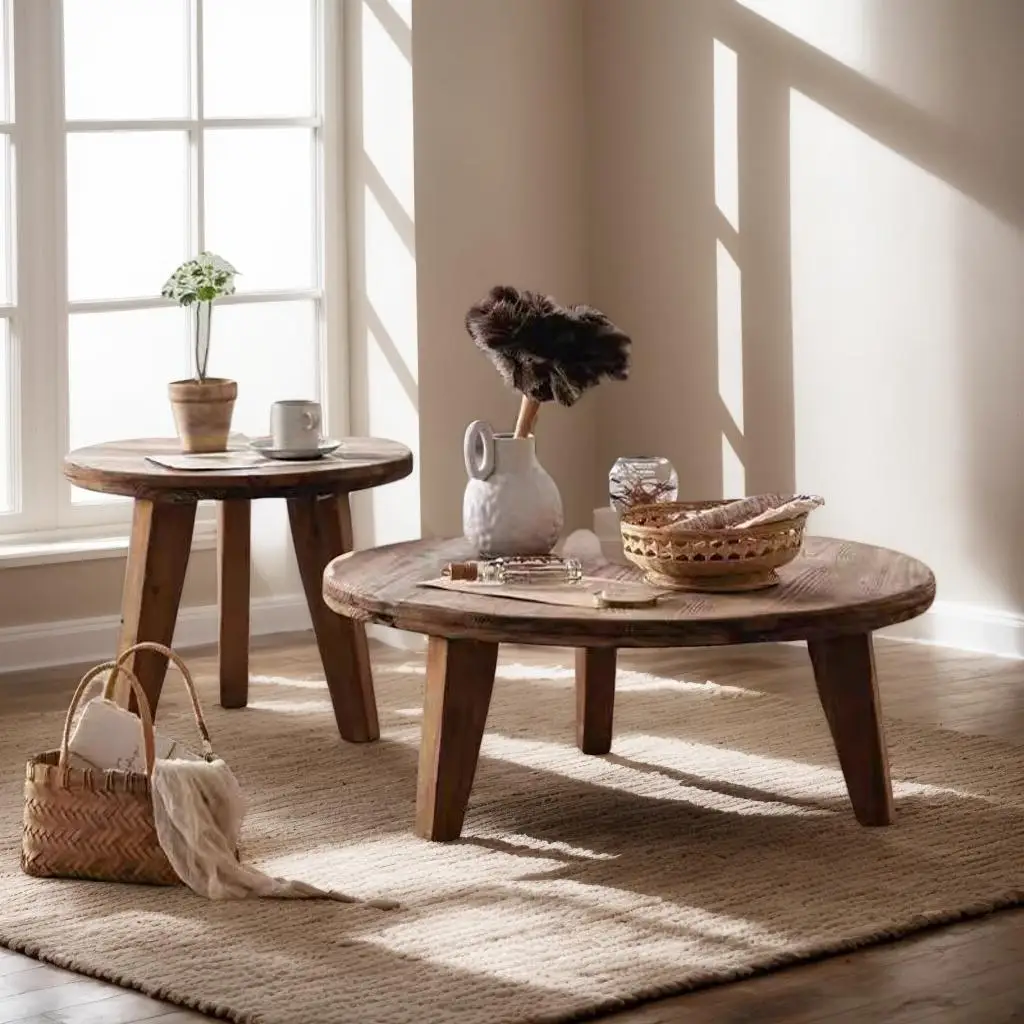 Solid wood round low coffee table Nordic old pine combination tea table