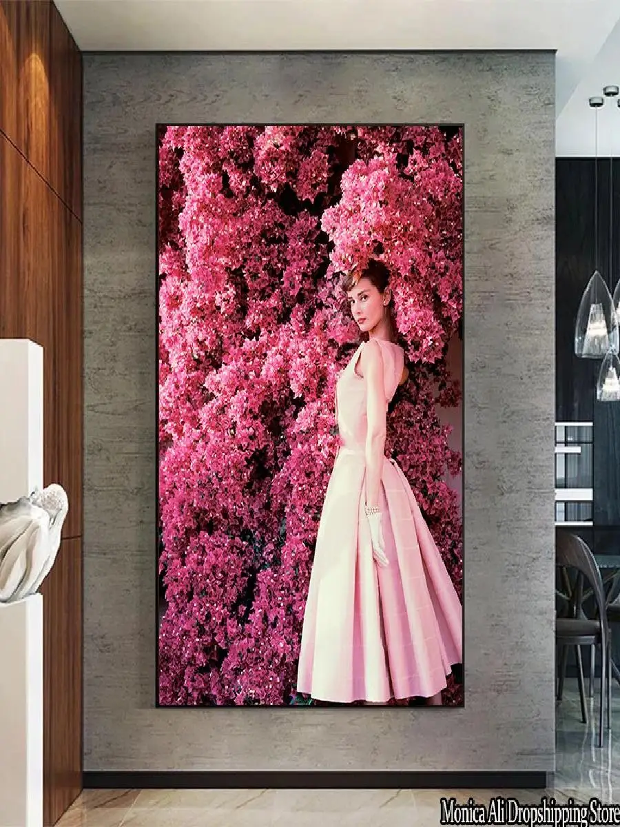 Audrey Hepburn Canvas Painting in Pink Dress  Modern Wall Art with Rose Flowers  Decorative Poster Prints for Room Home Decor