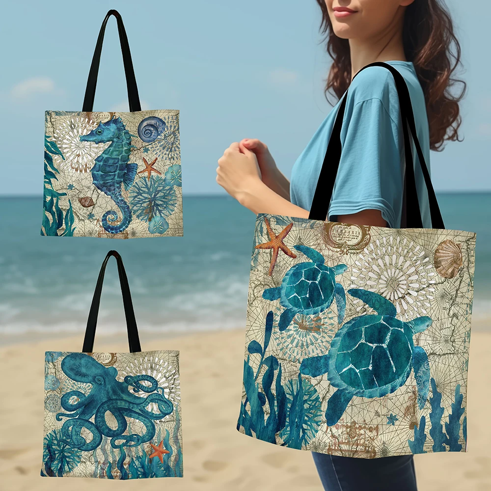 1 Pc Turtle Octopus Seahorse Whale Pattern Map Vintage Shoulder Bag Lightweight Full Storage Bag Multifunctional Shopping