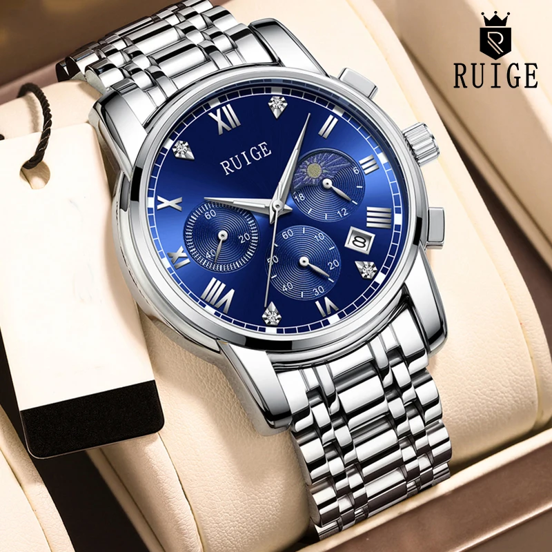 루이게 야광 삼안 육침 스테인리스 스틸 시계줄 쿼츠 시계 패션 트렌드 레저 선물 남성용 손목시계