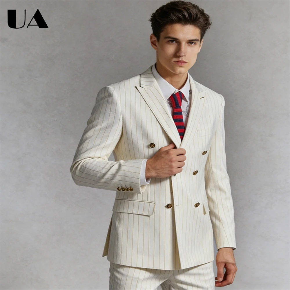 Business Men Formal Suit Two Pieces Double Row Striped Suit Jacket Modern Fit Blazer Pants Dinner Evening Suit Attire ULBYANRY