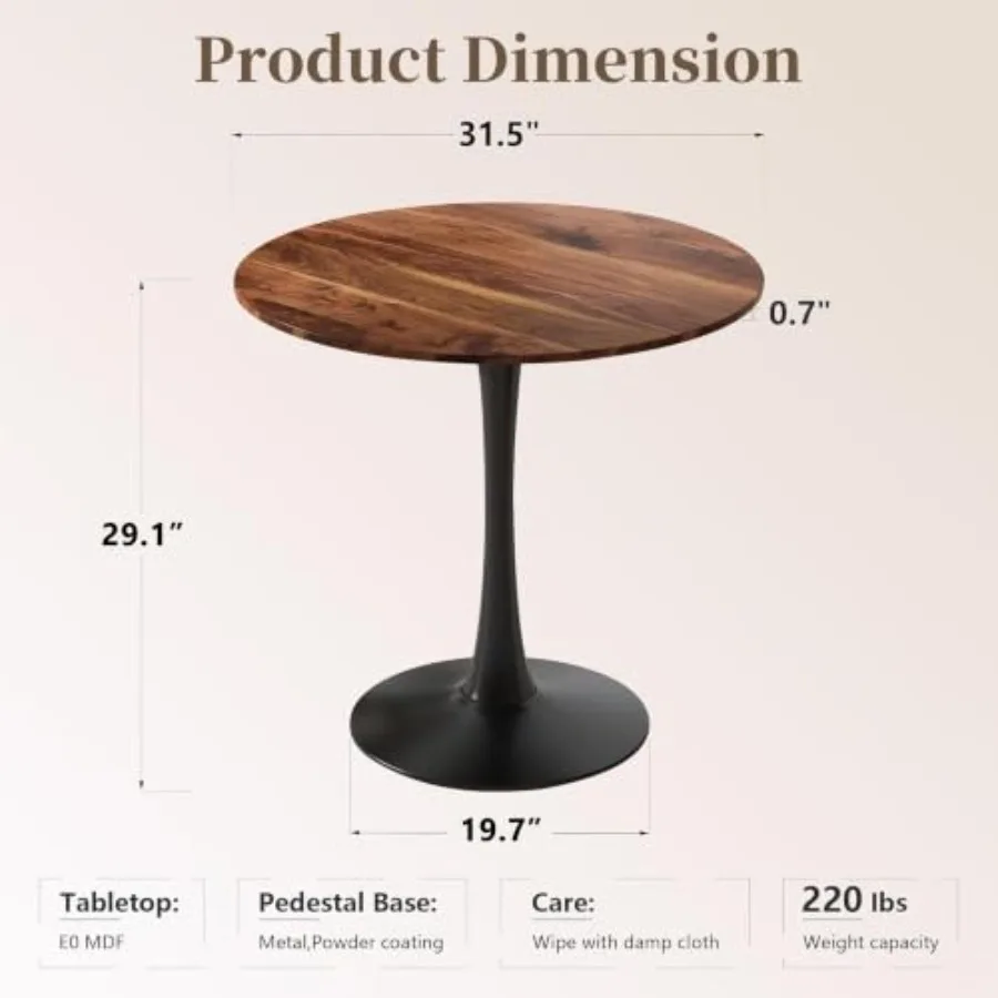 Round Dining Table for Small Space Kitchen Dining Room, Walnut Finish Mid-Century Tulip Table with Metal Pedestal Base, Modern