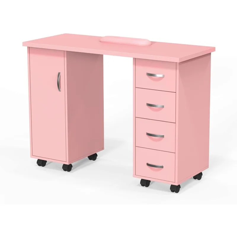 

Manicure Table Nail Desk w/Cabinet, Drawers, Wheels & Wrist Rest, Beauty Spa Salon Home Wooden Technician Workstation