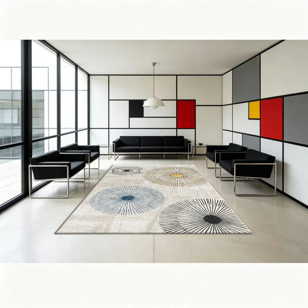 Mid-Century Sun Burst Abstract Area Rug Gold Blue Black Neutral Tone Living Room Floor Carpet
