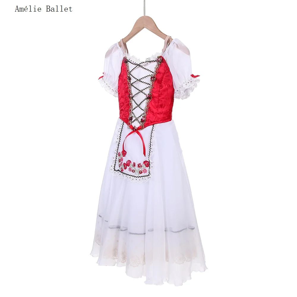 B24124 مخصص قصيرة الأكمام الأحمر المهنية رومانسية طويلة الباليه توتو أداء أزياء الرقص