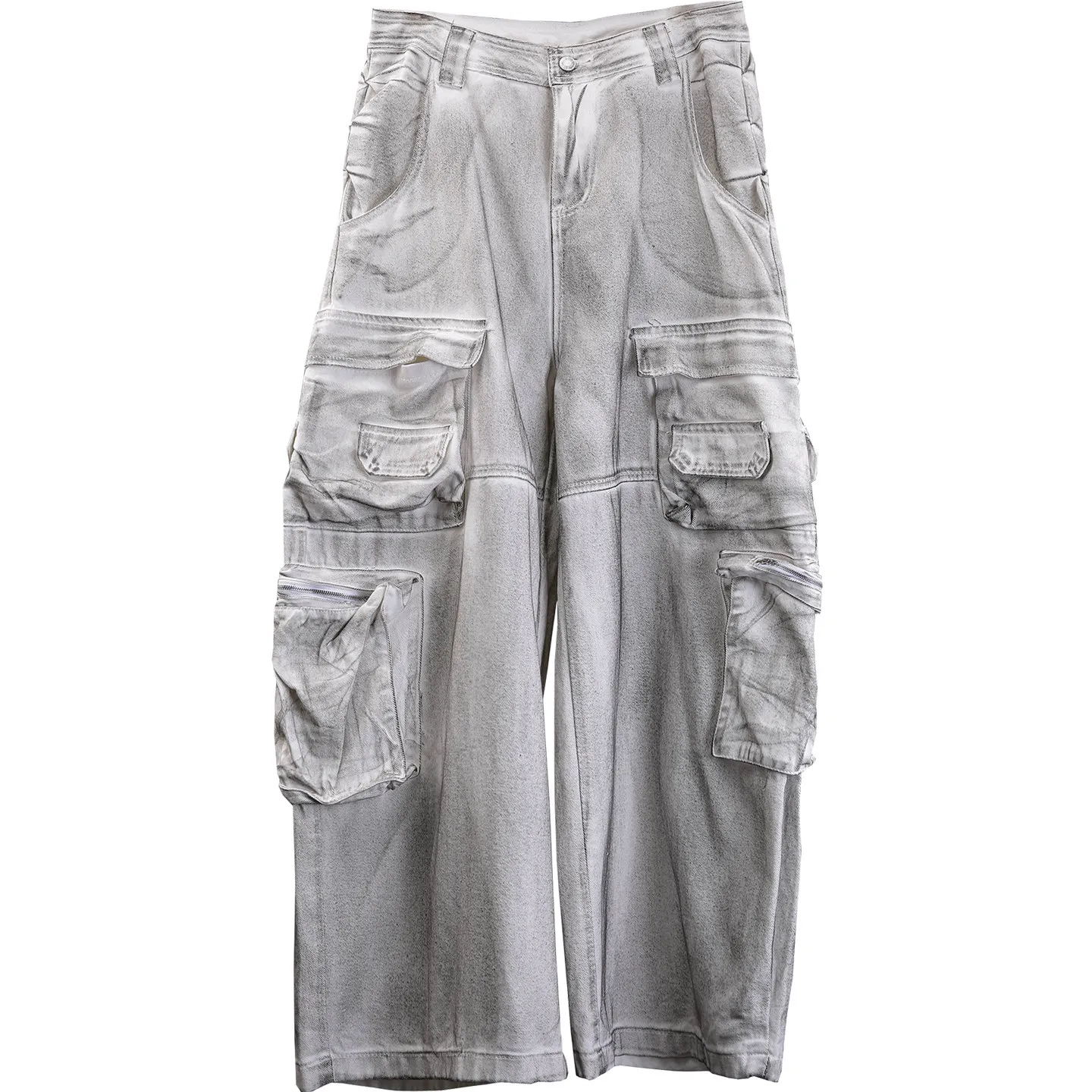 Wasteland Techwear Style American Heavy Industry Distressed Dirty Wash Multi-Pocket Loose Cargo Pants Men's  Wide-Leg Trousers