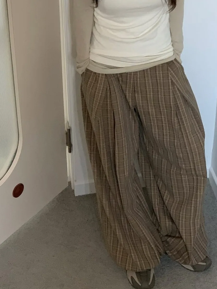 New High Waist Plaid Loose Casual Pants Women Long Pants Lazy Sle Versatile Slimming Design Wide Leg Pants