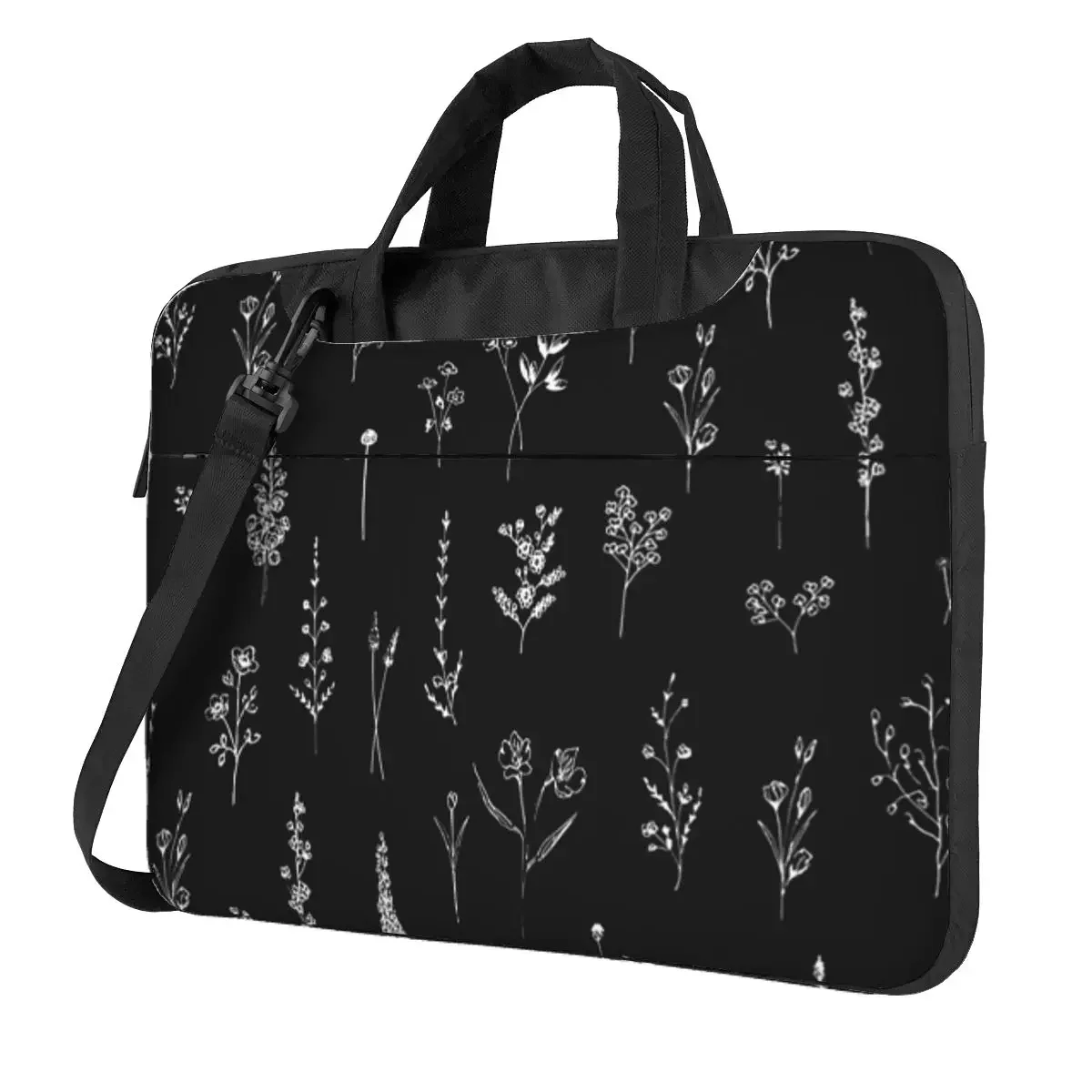 

Black Wildflowers Pattern Crossbody Laptop Bag Case Computer Bag Resistant Protective Notebook Pouch for Macbook Pro Lenovo
