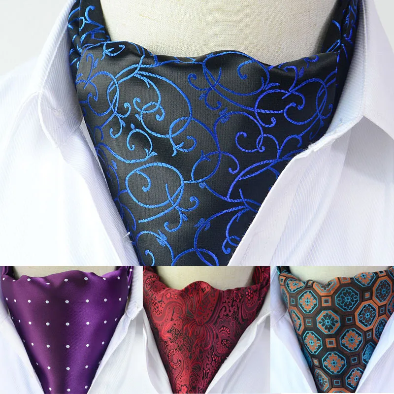 Luxury Mens Ascot Tie British Style Paisley Dots Navy White Scrunch Self Neckties Suit Shirt Accessories Cravat Business Scarf