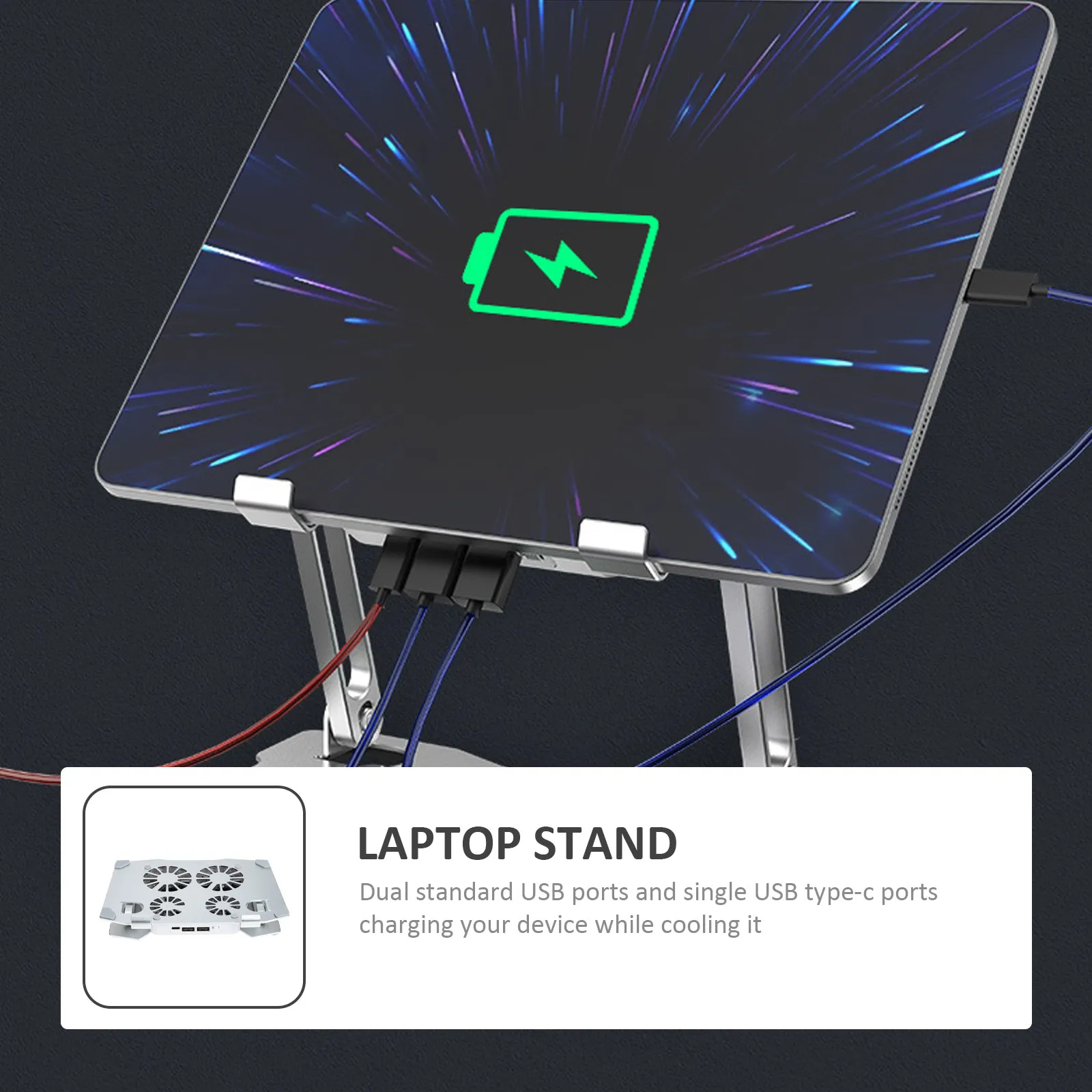 Laptop Cooling Stand with 4 Silent Fans 180 Degree Adjustable Holder USB Type C Ports Anti Scratch Portable