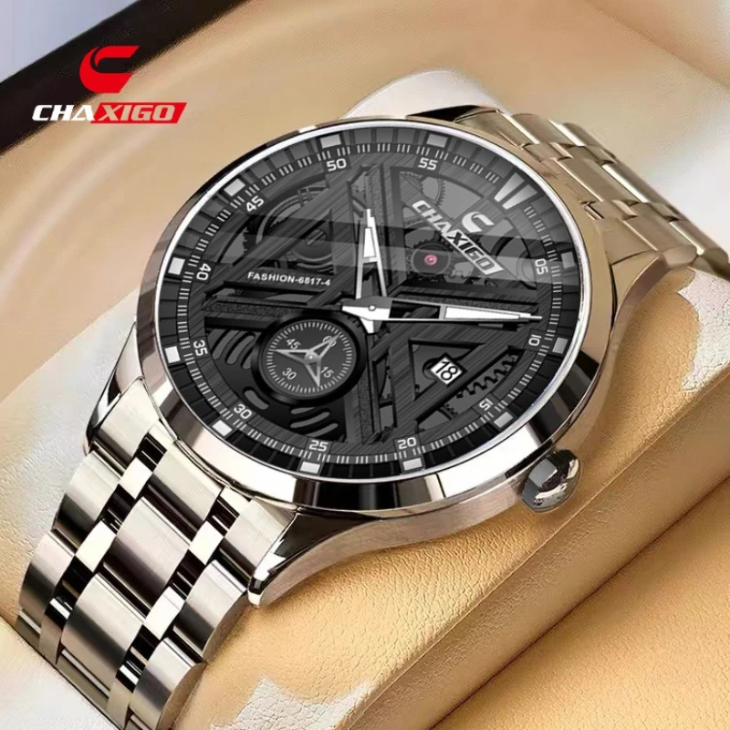 

CHAXIGO 6817 Fashion Waterproof Business Men's Quartz Watch Unique Decorative Calendar Steel Belt Watches for Man Reloj Hombre
